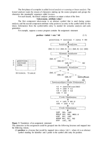 The first phase of a compiler is called lexical analysis or scanning or linear analysis. The
lexical analyzer reads the stream of characters making up the source program and groups the
characters into meaningful sequences called lexemes.
For each lexeme, the lexical analyzer produces as output a token of the form
<token-name, attribute-value>
The first component token-name is an abstract symbol that is used during syntax
analysis, and the second component attribute-value points to an entry in the symbol table for this
token. Information from the symbol-table entry 'is needed for semantic analysis and code
generation.
For example, suppose a source program contains the assignment statement
position = initial + rate * 60 (1.1)
Figure 3: Translation of an assignment statement
The characters in this assignment could be grouped into the following lexemes and mapped into
the following tokens.
(1) position is a lexeme that would be mapped into a token <id,1>. where id is an abstract
symbol standing for identifier and 1 points to the symbol able entry for position.
 