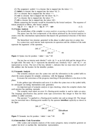(2) The assignment symbol = is a lexeme that is mapped into the token <=>.
(3) initial is a lexeme that is mapped into the token <id, 2>.
(4) + is a lexeme that is mapped into the token <+>.
(5) rate is a lexeme that is mapped into the token <id, 3>.
(6) * is a lexeme that is mapped into the token <*>.
(7) 60 is a lexeme that is mapped into the token <60>.
Blanks separating the lexemes would be discarded by the lexical analyzer. The sequence of
tokens produced as follows after lexical analysis.
<id, 1> <=> <id, 2> <+> <id, 3> <*> <60> (1.2)
11.2 Syntax Analysis
The second phase of the compiler is syntax analysis or parsing or hierarchical analysis.
The parser uses the first components of the tokens produced by the lexical analyzer to
create a tree-like intermediate representation that depicts the grammatical structure of the token
stream.
The hierarchical tree structure generated in this phase is called parse tree or syntax tree.
In a syntax tree, each interior node represents an operation and the children of the node
represent the arguments of the operation.
Figure 4: Syntax tree for position = initial + rate * 60
The tree has an interior node labeled * with <id, 3> as its left child and the integer 60 as
its right child. The node <id, 3> represents the identifier rate. Similarly <id,2> and <id, 1> are
represented as in tree. The root of the tree, labeled =, indicates that we must store the result of
this addition into the location for the identifier position.
11.3 Semantic Analysis
The semantic analyzer uses the syntax tree and the information in the symbol table to
check the source program for semantic consistency with the language definition.
It ensures the correctness of the program, matching of the parenthesis is also done in this
phase.
It also gathers type information and saves it in either the syntax tree or the symbol table,
for subsequent use during intermediate-code generation.
An important part of semantic analysis is type checking, where the compiler checks that
each operator has matching operands.
The compiler must report an error if a floating-point number is used to index an array.
The language specification may permit some type conversions like integer to float for float
addition is called coercions.
The operator * is applied to a floating-point number rate and an integer 60. The integer
may be converted into a floating-point number by the operator inttofloat explicitly as shown in
the figure.
Figure 5: Semantic tree for position = initial + rate * 60
11.4 Intermediate Code Generation
After syntax and semantic analysis of the source program, many compilers generate an
explicit low-level or machine-like intermediate representation.
 
