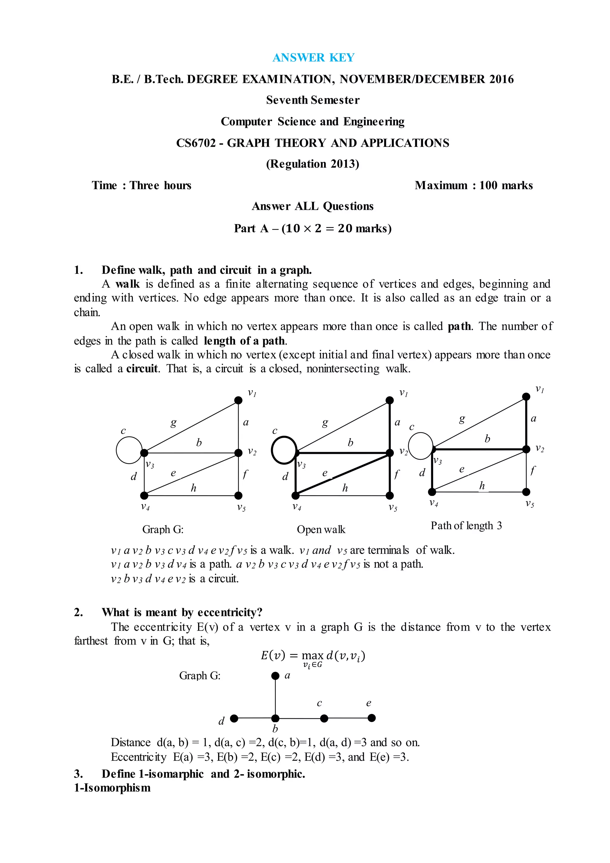 ANSWER KEY
B.E. / B.Tech. DEGREE EXAMINATION, NOVEMBER/DECEMBER 2016
Seventh Semester
Computer Science and Engineering
CS6702 - GRAPH THEORY AND APPLICATIONS
(Regulation 2013)
Time : Three hours Maximum : 100 marks
Answer ALL Questions
Part A – (𝟏𝟎 × 𝟐 = 𝟐𝟎 marks)
1. Define walk, path and circuit in a graph.
A walk is defined as a finite alternating sequence of vertices and edges, beginning and
ending with vertices. No edge appears more than once. It is also called as an edge train or a
chain.
An open walk in which no vertex appears more than once is called path. The number of
edges in the path is called length of a path.
A closed walk in which no vertex (except initial and final vertex) appears more than once
is called a circuit. That is, a circuit is a closed, nonintersecting walk.
v1 a v2 b v3 c v3 d v4 e v2 f v5 is a walk. v1 and v5 are terminals of walk.
v1 a v2 b v3 d v4 is a path. a v2 b v3 c v3 d v4 e v2 f v5 is not a path.
v2 b v3 d v4 e v2 is a circuit.
2. What is meant by eccentricity?
The eccentricity E(v) of a vertex v in a graph G is the distance from v to the vertex
farthest from v in G; that is,
𝐸( 𝑣) = max
𝑣𝑖 ∈𝐺
𝑑(𝑣, 𝑣𝑖)
Distance d(a, b) = 1, d(a, c) =2, d(c, b)=1, d(a, d) =3 and so on.
Eccentricity E(a) =3, E(b) =2, E(c) =2, E(d) =3, and E(e) =3.
3. Define 1-isomarphic and 2- isomorphic.
1-Isomorphism
a
c
Graph G:
b
d
e
v3
v2
v4 v5
c
d
b
f
h
Graph G:
v1
ag
e
v3
v2
v4 v5
c
d
b
f
h
Open walk
v1
ag
e
v3
v2
v4 v5
c
d
b
f
h
Path of length 3
v1
ag
e
 