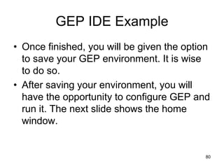 GEP IDE Example
• Once finished, you will be given the option
to save your GEP environment. It is wise
to do so.
• After saving your environment, you will
have the opportunity to configure GEP and
run it. The next slide shows the home
window.
80
 