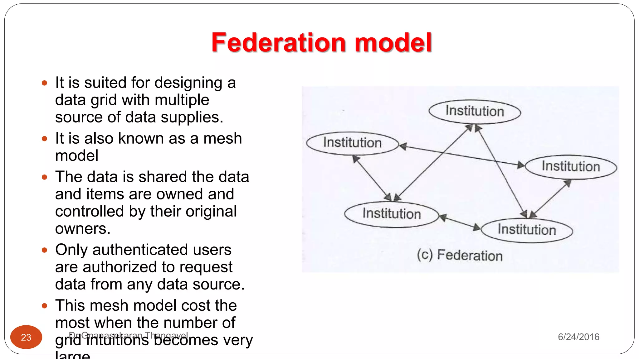 Federation model
7/17/2016Dr Gnanasekaran Thangavel23
 It is suited for designing a
data grid with multiple
source of data supplies.
 It is also known as a mesh
model
 The data is shared the data
and items are owned and
controlled by their original
owners.
 Only authenticated users
are authorized to request
data from any data source.
 This mesh model cost the
most when the number of
grid intuitions becomes very
 