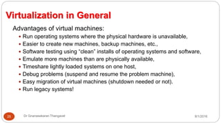 8/1/2016Dr Gnanasekaran Thangavel25
Virtualization in General
Advantages of virtual machines:
 Run operating systems where the physical hardware is unavailable,
 Easier to create new machines, backup machines, etc.,
 Software testing using “clean” installs of operating systems and software,
 Emulate more machines than are physically available,
 Timeshare lightly loaded systems on one host,
 Debug problems (suspend and resume the problem machine),
 Easy migration of virtual machines (shutdown needed or not).
 Run legacy systems!
 