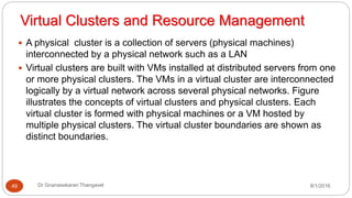Virtual Clusters and Resource Management
8/1/2016Dr Gnanasekaran Thangavel49
 A physical cluster is a collection of servers (physical machines)
interconnected by a physical network such as a LAN
 Virtual clusters are built with VMs installed at distributed servers from one
or more physical clusters. The VMs in a virtual cluster are interconnected
logically by a virtual network across several physical networks. Figure
illustrates the concepts of virtual clusters and physical clusters. Each
virtual cluster is formed with physical machines or a VM hosted by
multiple physical clusters. The virtual cluster boundaries are shown as
distinct boundaries.
 
