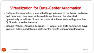 Virtualization for Data-Center Automation
8/1/2016Dr Gnanasekaran Thangavel51
 Data-center automation means that huge volumes of hardware, software,
and database resources in these data centers can be allocated
dynamically to millions of Internet users simultaneously, with guaranteed
QoS and cost-effectiveness.
 Google, Yahoo!, Amazon, Microso, HP, Apple, and I BM companies have
invested billions of dollars in data-center construction and automation.
 