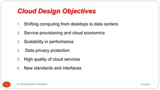 Cloud Design Objectives
8/1/2016Dr Gnanasekaran Thangavel8
1. Shifting computing from desktops to data centers
2. Service provisioning and cloud economics
3. Scalability in performance
4. Data privacy protection
5. High quality of cloud services
6. New standards and interfaces
 