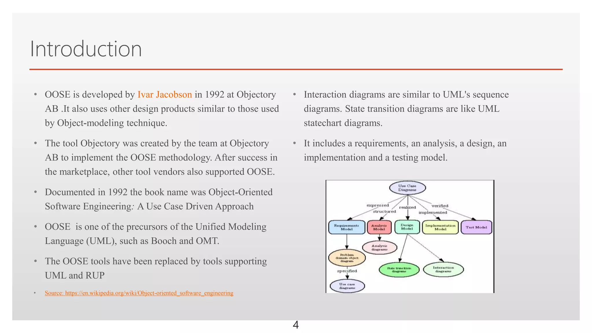 Click to edit Master text styles
Introduction
• OOSE is developed by Ivar Jacobson in 1992 at Objectory
AB .It also uses other design products similar to those used
by Object-modeling technique.
• The tool Objectory was created by the team at Objectory
AB to implement the OOSE methodology. After success in
the marketplace, other tool vendors also supported OOSE.
• Documented in 1992 the book name was Object-Oriented
Software Engineering: A Use Case Driven Approach
• OOSE is one of the precursors of the Unified Modeling
Language (UML), such as Booch and OMT.
• The OOSE tools have been replaced by tools supporting
UML and RUP
• Source: https://en.wikipedia.org/wiki/Object-oriented_software_engineering
• Interaction diagrams are similar to UML's sequence
diagrams. State transition diagrams are like UML
statechart diagrams.
• It includes a requirements, an analysis, a design, an
implementation and a testing model.
4
 