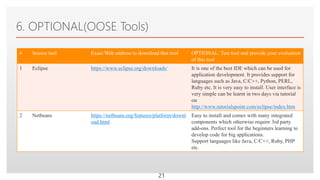 Click to edit Master text styles
6. OPTIONAL(OOSE Tools)
# Source tool Exact Web address to download that tool OPTIONAL: Test tool and provide your evaluation
of this tool
1 Eclipse https://www.eclipse.org/downloads/ It is one of the best IDE which can be used for
application development. It provides support for
languages such as Java, C/C++, Python, PERL,
Ruby etc. It is very easy to install. User interface is
very simple can be learnt in two days via tutorial
on
http://www.tutorialspoint.com/eclipse/index.htm
2 Netbeans https://netbeans.org/features/platform/downl
oad.html
Easy to install and comes with many integrated
components which otherwise require 3rd party
add-ons. Perfect tool for the beginners learning to
develop code for big applications.
Support languages like Java, C/C++, Ruby, PHP
etc.
21
 
