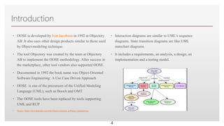 Click to edit Master text styles
Introduction
• OOSE is developed by Ivar Jacobson in 1992 at Objectory
AB .It also uses other design products similar to those used
by Object-modeling technique.
• The tool Objectory was created by the team at Objectory
AB to implement the OOSE methodology. After success in
the marketplace, other tool vendors also supported OOSE.
• Documented in 1992 the book name was Object-Oriented
Software Engineering: A Use Case Driven Approach
• OOSE is one of the precursors of the Unified Modeling
Language (UML), such as Booch and OMT.
• The OOSE tools have been replaced by tools supporting
UML and RUP
• Source: https://en.wikipedia.org/wiki/Object-oriented_software_engineering
• Interaction diagrams are similar to UML's sequence
diagrams. State transition diagrams are like UML
statechart diagrams.
• It includes a requirements, an analysis, a design, an
implementation and a testing model.
4
 