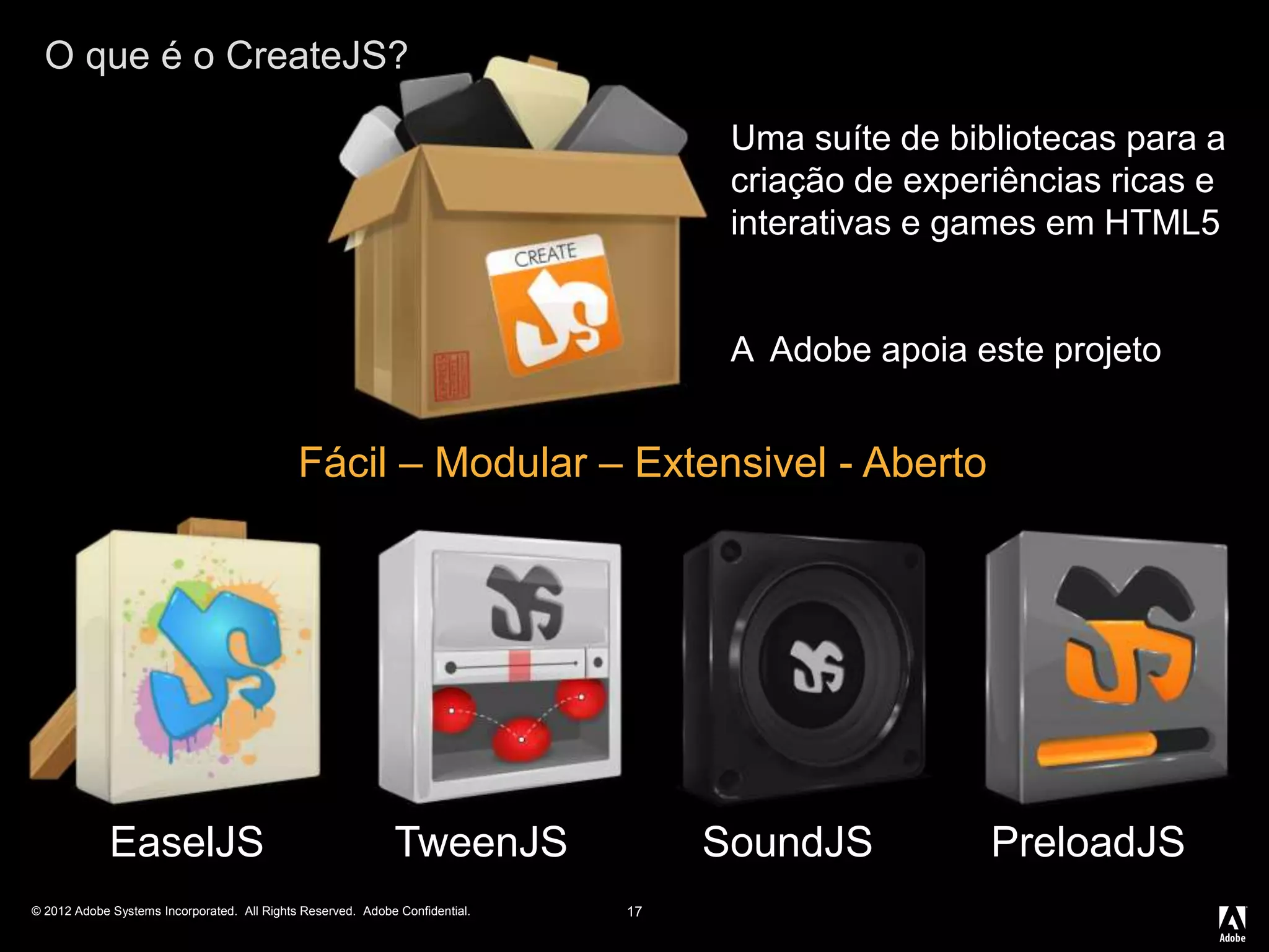 © 2012 Adobe Systems Incorporated. All Rights Reserved. Adobe Confidential.
O que é o CreateJS?
17
EaselJS TweenJS SoundJS PreloadJS
Uma suíte de bibliotecas para a
criação de experiências ricas e
interativas e games em HTML5
A Adobe apoia este projeto
Fácil – Modular – Extensivel - Aberto
 