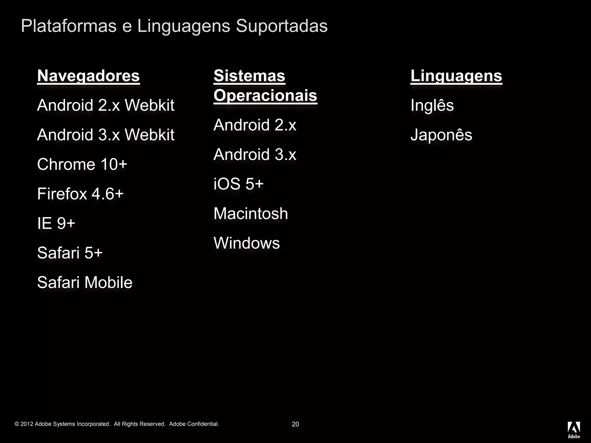© 2012 Adobe Systems Incorporated. All Rights Reserved. Adobe Confidential.
Plataformas e Linguagens Suportadas
Navegadores
Android 2.x Webkit
Android 3.x Webkit
Chrome 10+
Firefox 4.6+
IE 9+
Safari 5+
Safari Mobile
20
Sistemas
Operacionais
Android 2.x
Android 3.x
iOS 5+
Macintosh
Windows
Linguagens
Inglês
Japonês
 
