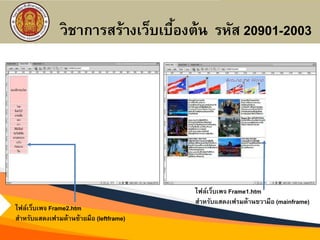 ไฟล์เว็บเพจ Frame2.htm
สาหรับแสดงเฟรมด้านซ้ายมือ (leftframe)
ไฟล์เว็บเพจ Frame1.htm
สาหรับแสดงเฟรมด้านขวามือ (mainframe)
วิชาการสร้างเว็บเบื้องต้น รหัส 20901-2003
 