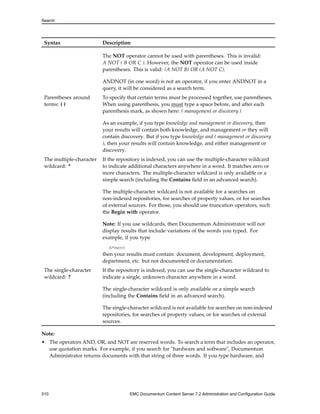 Search
Syntax Description
The NOT operator cannot be used with parentheses. This is invalid:
A NOT ( B OR C ). However, the NOT operator can be used inside
parentheses. This is valid: (A NOT B) OR (A NOT C).
ANDNOT (in one word) is not an operator, if you enter ANDNOT in a
query, it will be considered as a search term.
Parentheses around
terms: ( )
To specify that certain terms must be processed together, use parentheses.
When using parenthesis, you must type a space before, and after each
parenthesis mark, as shown here: ( management or discovery )
As an example, if you type knowledge and management or discovery, then
your results will contain both knowledge, and management or they will
contain discovery. But if you type knowledge and ( management or discovery
), then your results will contain knowledge, and either management or
discovery.
The multiple-character
wildcard: *
If the repository is indexed, you can use the multiple-character wildcard
to indicate additional characters anywhere in a word. It matches zero or
more characters. The multiple-character wildcard is only available or a
simple search (including the Contains field in an advanced search).
The multiple-character wildcard is not available for a searches on
non-indexed repositories, for searches of property values, or for searches
of external sources. For those, you should use truncation operators, such
the Begin with operator.
Note: If you use wildcards, then Documentum Administrator will not
display results that include variations of the words you typed. For
example, if you type
d*ment
then your results must contain: document, development, deployment,
department, etc. but not documented or documentation.
The single-character
wildcard: ?
If the repository is indexed, you can use the single-character wildcard to
indicate a single, unknown character anywhere in a word.
The single-character wildcard is only available or a simple search
(including the Contains field in an advanced search).
The single-character wildcard is not available for searches on non-indexed
repositories, for searches of property values, or for searches of external
sources.
Note:
• The operators AND, OR, and NOT are reserved words. To search a term that includes an operator,
use quotation marks. For example, if you search for "hardware and software", Documentum
Administrator returns documents with that string of three words. If you type hardware, and
510 EMC Documentum Content Server 7.2 Administration and Configuration Guide
 