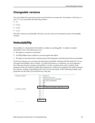 Content Management Services
Changeable versions
You can modify the most recent version on any branch of a version tree. For instance, in the Figure 6,
page 117, you can modify the following versions:
• 1.3
• 1.3.1.2
• 1.3.2.1
• 1.1.1.1
The other versions are immutable. However, you can create new, branched versions of immutable
versions.
Immutability
Immutability is a characteristic that defines an object as unchangeable. An object is marked
immutable if one of the following occurs:
• The object is versioned or branched.
• An IDfSysObject.freeze method is executed against the object.
• The object is associated with a retention policy that designates controlled documents as immutable.
In previous releases, you can only mark documents immutable. Starting with Documentum 7.0, you
can apply immutability rules to folders. To enable this feature in a repository, you must append a
key-value pair (retainer_strategy_immutability, 1) to the r_module_name and r_module_mode
properties of the dm_docbase_config object respectively. In these two properties, the indexes that the
key (retainer_strategy_immutability) and value (1) use must match. In the following example, both
properties use the index [7] to hold the key-value pair.
EMC Documentum Content Server 7.2 Fundamentals Guide 119
 