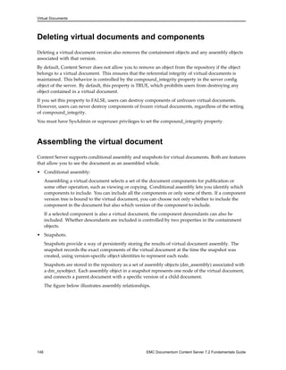 Virtual Documents
Deleting virtual documents and components
Deleting a virtual document version also removes the containment objects and any assembly objects
associated with that version.
By default, Content Server does not allow you to remove an object from the repository if the object
belongs to a virtual document. This ensures that the referential integrity of virtual documents is
maintained. This behavior is controlled by the compound_integrity property in the server config
object of the server. By default, this property is TRUE, which prohibits users from destroying any
object contained in a virtual document.
If you set this property to FALSE, users can destroy components of unfrozen virtual documents.
However, users can never destroy components of frozen virtual documents, regardless of the setting
of compound_integrity.
You must have SysAdmin or superuser privileges to set the compound_integrity property.
Assembling the virtual document
Content Server supports conditional assembly and snapshots for virtual documents. Both are features
that allow you to see the document as an assembled whole.
• Conditional assembly:
Assembling a virtual document selects a set of the document components for publication or
some other operation, such as viewing or copying. Conditional assembly lets you identify which
components to include. You can include all the components or only some of them. If a component
version tree is bound to the virtual document, you can choose not only whether to include the
component in the document but also which version of the component to include.
If a selected component is also a virtual document, the component descendants can also be
included. Whether descendants are included is controlled by two properties in the containment
objects.
• Snapshots:
Snapshots provide a way of persistently storing the results of virtual document assembly. The
snapshot records the exact components of the virtual document at the time the snapshot was
created, using version-specific object identities to represent each node.
Snapshots are stored in the repository as a set of assembly objects (dm_assembly) associated with
a dm_sysobject. Each assembly object in a snapshot represents one node of the virtual document,
and connects a parent document with a specific version of a child document.
The figure below illustrates assembly relationships.
148 EMC Documentum Content Server 7.2 Fundamentals Guide
 