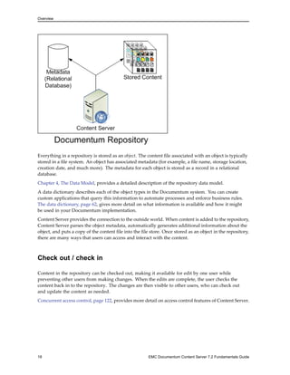 Overview
Everything in a repository is stored as an object. The content file associated with an object is typically
stored in a file system. An object has associated metadata (for example, a file name, storage location,
creation date, and much more). The metadata for each object is stored as a record in a relational
database.
Chapter 4, The Data Model, provides a detailed description of the repository data model.
A data dictionary describes each of the object types in the Documentum system. You can create
custom applications that query this information to automate processes and enforce business rules.
The data dictionary, page 62, gives more detail on what information is available and how it might
be used in your Documentum implementation.
Content Server provides the connection to the outside world. When content is added to the repository,
Content Server parses the object metadata, automatically generates additional information about the
object, and puts a copy of the content file into the file store. Once stored as an object in the repository,
there are many ways that users can access and interact with the content.
Check out / check in
Content in the repository can be checked out, making it available for edit by one user while
preventing other users from making changes. When the edits are complete, the user checks the
content back in to the repository. The changes are then visible to other users, who can check out
and update the content as needed.
Concurrent access control, page 122, provides more detail on access control features of Content Server.
18 EMC Documentum Content Server 7.2 Fundamentals Guide
 