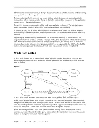Workflows
If the server encounters any errors, it changes the activity instance state to failed and sends a warning
message to the workflow supervisor.
The supervisor can fix the problem and restart a failed activity instance. An automatic activity
instance that fails to execute can also change to the failed state, and the supervisor or the application
owner can retry the activity instance.
The activity instance remains active while work items are being performed. The activity instance
enters the finished state only when all its generated work items are completed.
A running activity can be halted. Halting an activity sets its state to halted. By default, only the
workflow supervisor or a user with Sysadmin or Superuser privileges can halt or resume an activity
instance.
Depending on how the activity was halted, it can be resumed manually or automatically. If a
suspension interval is specified when the activity is halted, then the activity is automatically resumed
after the interval expires. If a suspension interval is not specified, the activity must be manually
resumed. Suspension intervals are set programmatically as an argument in the IDfWorkflow.haltEx
method. Resuming an activity sets its state back to its previous state prior to being halted.
Work item states
A work item exists in one of the following states: dormant, paused, acquired, or finished. The
following figure shows the work item states and the operations that move the work item from one
state to another.
Figure 17.
A work item state is recorded in the r_runtime_state property of the dmi_workitem object.
When the server generates a work item for a manual activity, it sets the work item state to dormant
and places the peer queue item in the performer inbox. The work item remains in the dormant state
until the activity performer acquires it. Typically, acquisition happens when the performer opens the
associated inbox item. At that time, the work item state is changed to acquired.
When the server generates a work item for an automatic activity, it sets the work item state to
dormant and places the activity on the queue for execution. The application must issue the Acquire
method to change the work item state to acquired.
EMC Documentum Content Server 7.2 Fundamentals Guide 181
 