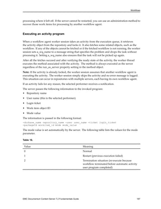 Workflows
processing where it left off. If the server cannot be restarted, you can use an administration method to
recover those work items for processing by another workflow agent.
Executing an activity program
When a workflow agent worker session takes an activity from the execution queue, it retrieves
the activity object from the repository and locks it. It also fetches some related objects, such as the
workflow. If any of the objects cannot be fetched or if the fetched workflow is not running, the worker
session sets a_wq_name to a message string that specifies the problem and drops the task without
processing it. Setting a_wq_name also ensures that the task will not be picked up again.
After all the fetches succeed and after verifying the ready state of the activity, the worker thread
executes the method associated with the activity. The method is always executed as the server
regardless of the run_as_server property setting in the method object.
Note: If the activity is already locked, the worker session assumes that another workflow agent is
executing the activity. The worker session simply skips the activity and no error message is logged.
This situation can occur in repositories with multiple servers, each having its own workflow agent.
If an activity fails for any reason, the selected performer receives a notification.
The server passes the following information to the invoked program:
• Repository name
• User name (this is the selected performer)
• Login ticket
• Work item object ID
• Mode value
The information is passed in the following format:
-docbase_name repository_name -user user_name -ticket login_ticket
-packageId workitem_id mode mode_value
The mode value is set automatically by the server. The following table lists the values for the mode
parameter.
Table 16.
Value Meaning
0 Normal
1 Restart (previous execution failed)
2 Termination situation (re-execute because
workflow terminated before automatic activity
user program completed)
EMC Documentum Content Server 7.2 Fundamentals Guide 187
 