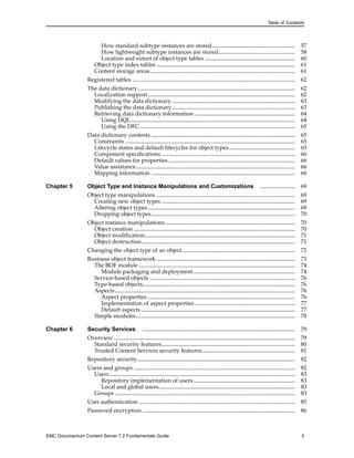 Table of Contents
How standard subtype instances are stored................................................ 57
How lightweight subtype instances are stored............................................ 58
Location and extent of object type tables .................................................... 60
Object type index tables ................................................................................ 61
Content storage areas.................................................................................... 61
Registered tables .............................................................................................. 62
The data dictionary........................................................................................... 62
Localization support..................................................................................... 62
Modifying the data dictionary ....................................................................... 63
Publishing the data dictionary....................................................................... 63
Retrieving data dictionary information .......................................................... 64
Using DQL............................................................................................... 64
Using the DFC.......................................................................................... 65
Data dictionary contents ................................................................................... 65
Constraints .................................................................................................. 65
Lifecycle states and default lifecycles for object types...................................... 65
Component specifications ............................................................................. 66
Default values for properties ......................................................................... 66
Value assistance............................................................................................ 66
Mapping information ................................................................................... 66
Chapter 5 Object Type and Instance Manipulations and Customizations .................... 69
Object type manipulations ................................................................................ 69
Creating new object types ............................................................................. 69
Altering object types..................................................................................... 69
Dropping object types................................................................................... 70
Object instance manipulations........................................................................... 70
Object creation ............................................................................................. 70
Object modification....................................................................................... 71
Object destruction......................................................................................... 71
Changing the object type of an object ................................................................. 72
Business object framework ................................................................................ 73
The BOF module .......................................................................................... 74
Module packaging and deployment........................................................... 74
Service-based objects .................................................................................... 76
Type-based objects........................................................................................ 76
Aspects........................................................................................................ 76
Aspect properties ..................................................................................... 76
Implementation of aspect properties .......................................................... 77
Default aspects......................................................................................... 77
Simple modules............................................................................................ 78
Chapter 6 Security Services ........................................................................................ 79
Overview......................................................................................................... 79
Standard security features............................................................................. 80
Trusted Content Services security features...................................................... 81
Repository security........................................................................................... 82
Users and groups ............................................................................................. 82
Users ........................................................................................................... 83
Repository implementation of users........................................................... 83
Local and global users............................................................................... 83
Groups ........................................................................................................ 83
User authentication .......................................................................................... 85
Password encryption ........................................................................................ 86
EMC Documentum Content Server 7.2 Fundamentals Guide 5
 