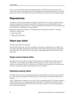 The Data Model
Aspects, page 76, describes aspects and aspect properties. The EMC Documentum Content Server
System Object Reference manual has the reference description for the property bag property. The EMC
Documentum Content Server DQL Reference guide describes how to alter a type to add a property bag.
Repositories
A repository is where persistent objects managed by Content Server are stored. A repository stores
the object metadata and, sometimes, content files. A Documentum system installation can have
multiple repositories. Each repository is uniquely identified by a repository ID, and each object stored
in the repository is identified by a unique object ID.
Repositories contain sets of tables in an underlying relational database installation. Two types
of tables are implemented:
• Object type tables
• Object type index tables
Object type tables
The object type tables store metadata.
Each persistent object type, such as dm_sysobject or dm_group, is represented by two tables in the
set of object type tables. One table stores the values for the single-valued properties for all instances
of the object type. The other table stores the values for repeating properties for all instances of the
object type.
Single-valued property tables
The tables that store the values for single-valued properties are identified by the object type name
followed by _s (for example, dm_sysobject_s and dm_group_s). In the _s tables, each column
represents one property and each row represents one instance of the object type. The column values
in the row represent the single-valued property values for that object.
Repeating property tables
The tables that store values for repeating properties are identified by the object type name followed
by _r (for example, dm_sysobject_r and dm_group_r). In these tables, each column represents one
property.
In the _r tables, there is a separate row for each value in a repeating property. For example, suppose a
subtype called recipe has one repeating property, ingredients. A recipe object that has five values
in the ingredients property will have five rows in the recipe_r table-one row for each ingredient, as
shown in the following table:
56 EMC Documentum Content Server 7.2 Fundamentals Guide
 
