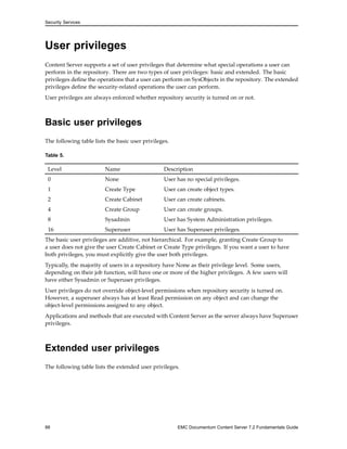 Security Services
User privileges
Content Server supports a set of user privileges that determine what special operations a user can
perform in the repository. There are two types of user privileges: basic and extended. The basic
privileges define the operations that a user can perform on SysObjects in the repository. The extended
privileges define the security-related operations the user can perform.
User privileges are always enforced whether repository security is turned on or not.
Basic user privileges
The following table lists the basic user privileges.
Table 5.
Level Name Description
0 None User has no special privileges.
1 Create Type User can create object types.
2 Create Cabinet User can create cabinets.
4 Create Group User can create groups.
8 Sysadmin User has System Administration privileges.
16 Superuser User has Superuser privileges.
The basic user privileges are additive, not hierarchical. For example, granting Create Group to
a user does not give the user Create Cabinet or Create Type privileges. If you want a user to have
both privileges, you must explicitly give the user both privileges.
Typically, the majority of users in a repository have None as their privilege level. Some users,
depending on their job function, will have one or more of the higher privileges. A few users will
have either Sysadmin or Superuser privileges.
User privileges do not override object-level permissions when repository security is turned on.
However, a superuser always has at least Read permission on any object and can change the
object-level permissions assigned to any object.
Applications and methods that are executed with Content Server as the server always have Superuser
privileges.
Extended user privileges
The following table lists the extended user privileges.
88 EMC Documentum Content Server 7.2 Fundamentals Guide
 