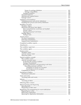 Table of Contents
Scope of a package definition .............................................................. 167
Package compatibility......................................................................... 168
Package acceptance................................................................................. 168
Transition behavior..................................................................................... 170
Warning and suspend timers....................................................................... 171
Package control .......................................................................................... 171
Validation and installation .............................................................................. 172
Validating process and activity definitions ................................................... 172
Installing new process and activity definitions.............................................. 173
Workflow execution ....................................................................................... 173
Workflow objects........................................................................................ 174
Work item and queue item objects ............................................................... 174
How manual activity work items are handled .......................................... 174
Priority values........................................................................................ 175
Signing off manual work items................................................................ 175
Package objects........................................................................................... 175
Package notes......................................................................................... 176
Activity timers ............................................................................................... 176
Pre-timer instantiation ................................................................................ 176
Post-timer instantiation............................................................................... 177
Suspend timer instantiation......................................................................... 177
Completed workflow reports........................................................................... 177
Attachments................................................................................................... 178
The workflow supervisor ................................................................................ 178
The workflow agent........................................................................................ 178
Instance states ................................................................................................ 179
Workflow states.......................................................................................... 179
Activity instance states ............................................................................... 180
Work item states......................................................................................... 181
Typical workflow example .............................................................................. 182
The workflow starts.................................................................................... 184
Activity execution starts.............................................................................. 184
Evaluating the starting condition............................................................. 184
Package consolidation............................................................................. 185
Resolving performers and generating work items ..................................... 185
Executing automatic activities ............................................................. 186
Assigning an activity for execution .................................................. 186
Executing an activity program......................................................... 187
Completing an activity................................................................................ 188
Distributed workflow ..................................................................................... 191
Distributed notification............................................................................... 191
Tasks and events............................................................................................. 192
Accessing tasks and events.......................................................................... 192
Inboxes .......................................................................................................... 193
Accessing an Inbox ..................................................................................... 193
Obtaining Inbox content.................................................................................. 194
Manual queuing and dequeuing ..................................................................... 194
Queuing items............................................................................................ 195
Dequeuing an inbox item ............................................................................ 195
Registering and unregistering for event notifications ........................................ 195
Registering for events ................................................................................. 196
Removing a registration.............................................................................. 196
Querying for registration information.......................................................... 196
EMC Documentum Content Server 7.2 Fundamentals Guide 9
 