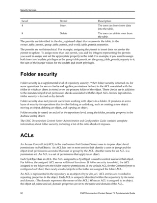 Security Services
Level Permit Description
4 Insert The user can insert new data
into the table.
8 Delete The user can delete rows from
the table.
The permits are identified in the dm_registered object that represents the table, in the
owner_table_permit, group_table_permit, and world_table_permit properties.
The permits are not hierarchical. For example, assigning the permit to insert does not confer the
permit to update. To assign more than one permit, you add the integers representing the permits
you want to assign, and set the appropriate property to the total. For example, if you want to assign
both insert and update privileges as the group table permit, set the group_table_permit property to 6,
the sum of the integer values for the update and insert privileges.
Folder security
Folder security is a supplemental level of repository security. When folder security is turned on, for
some operations the server checks and applies permissions defined in the ACL associated with the
folder in which an object is stored or on the primary folder of the object. These checks are in addition
to the standard object-level permission checks associated with the object ACL. In new repositories,
folder security is turned on by default.
Folder security does not prevent users from working with objects in a folder. It provides an extra
layer of security for operations that involve linking or unlinking, such as creating a new object,
moving an object, deleting an object, and copying an object.
Folder security is turned on and off at the repository level, using the folder_security property in the
docbase config object.
The EMC Documentum Content Server Administration and Configuration Guide contains complete
information about folder security, including a list of the extra checks it imposes.
ACLs
An Access Control List (ACL) is the mechanism that Content Server uses to impose object-level
permissions on SysObjects. An ACL has one or more entries that identify a user or group and the
object-level permissions accorded that user or group by the ACL. Another name for an ACL is a
permission set. An ACL is a set of permissions that apply to an object.
Each SysObject has an ACL. The ACL assigned to a SysObject is used to control access to that object.
For folders, the assigned ACL serves additional functions. If folder security is enabled, the ACL
assigned to the folder sets the folder security permissions. If the default ACL for the Content Server is
configured as Folder, then newly created objects in the folder are assigned the folder ACL.
An ACL is represented in the repository as an object of type dm_acl. ACL entries are recorded in
repeating properties in the object. Each ACL is uniquely identified within the repository by its name
and domain. (The domain represents the owner of the ACL.) When an ACL is assigned to an object,
the object acl_name and acl_domain properties are set to the name and domain of the ACL.
92 EMC Documentum Content Server 7.2 Fundamentals Guide
 