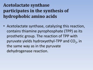 Acetolactate synthase
participates in the synthesis of
hydrophobic amino acids
• Acetolactate synthase, catalyzing this reaction,
contains thiamine pyrophosphate (TPP) as its
prosthetic group. The reaction of TPP with
pyruvate yields hydroxyethyl-TPP and CO2, in
the same way as in the pyruvate
dehydrogenase reaction.
 