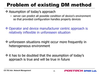 Problem of existing DM method Assumption of today’s approach server can predict all possible condition of device’s environment so that provided configuration handles properly devices Operator and device manufacturer centric approach is relatively inflexible in unforeseen situation unforeseen situations might occur more frequently in heterogeneous environment it has to be doubted that the assumption of today’s approach is true and will be true in future 