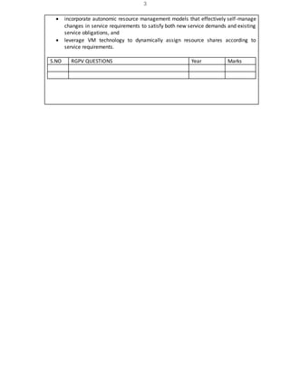 3
 incorporate autonomic resource management models that effectively self-manage
changes in service requirements to satisfy both new service demands and existing
service obligations, and
 leverage VM technology to dynamically assign resource shares according to
service requirements.
S.NO RGPV QUESTIONS Year Marks
 