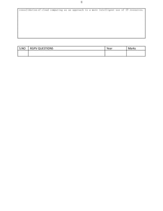 8
consolidation of cloud computing as an approach to a more intelligent use of IT resources.
S.NO RGPV QUESTIONS Year Marks
 