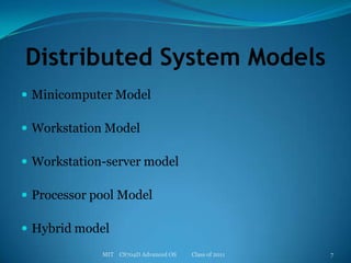 Distributed System ModelsMinicomputer ModelWorkstation ModelWorkstation-server modelProcessor pool ModelHybrid modelMIT    CS704D Advanced OS           Class of 20117