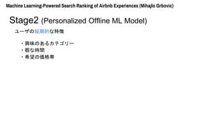 `ζڵĤ؏
Machine Learning-Powered Search Ranking of Airbnb Experiences (Mihajlo Grbovic)
Stage2 (Personalized Offline ML Model)
?dζΤ륫ƥ`
?Ͼʕrg
?ϣ΁
 