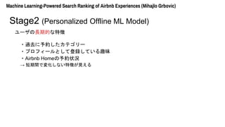 Machine Learning-Powered Search Ranking of Airbnb Experiences (Mihajlo Grbovic)
Stage2 (Personalized Offline ML Model)
`LڵĤ؏
?^ȥsƥ`
?ץե`ȤƵhƤȤζ
?Airbnb Homes״r
 gǉ仯ʤ؏դҊ
 