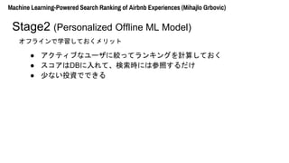 ե饤ѧƤå
Machine Learning-Powered Search Ranking of Airbnb Experiences (Mihajlo Grbovic)
Stage2 (Personalized Offline ML Model)
 ƥ֤ʥ`˽gäƥ󥭥󥰤Ӌ㤷Ƥ
 DBơrˤϲդ
 ٤ʤͶYǤǤ
 
