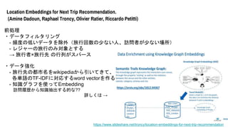Location Embeddings for Next Trip Recommendation.
(Amine Dadoun, Raphael Troncy, Olivier Ratier, Riccardo Petitti)
ǰI
?ǩ`ե륿
- lȤεͤǩ`⣨л٤ʤˡLߤ٤ʤ
- 쥸`ФΤߌȤ
 ߡ Фѩ`
?ǩ`
- ȤζwikipediaƤơ
gZTF-IDFˌꤹword vector
- ֪RդʹäEmbedding
LĚs֪RĤ??
Ԕ 
/troncy/location-embeddings-for-next-trip-recommendation
 