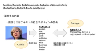 Combining Semantic Tools for Automatic Evaluation of Alternative Texts
(Carlos Duarte, Carlos M. Duarte, Lus Carri?o)
᰸
?ȴƥȤθɥᥤvS
CONCEPTS
portrait
one
people
adult
politician
woman
face
business
festival
leader
ƥ
Theresa May delivers a
major speech on Brexit today
γ θȴƥ
ƶȤӋClarifai
Swoogle
 