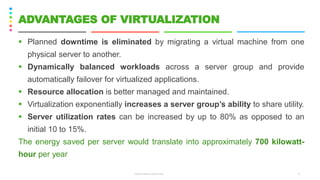 ▪ Planned downtime is eliminated by migrating a virtual machine from one
physical server to another.
▪ Dynamically balanced workloads across a server group and provide
automatically failover for virtualized applications.
▪ Resource allocation is better managed and maintained.
▪ Virtualization exponentially increases a server group’s ability to share utility.
▪ Server utilization rates can be increased by up to 80% as opposed to an
initial 10 to 15%.
The energy saved per server would translate into approximately 700 kilowatt-
hour per year
CS8078 GREEN COMPUTING 9
ADVANTAGES OF VIRTUALIZATION
 