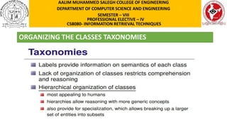 ORGANIZING THE CLASSES TAXONOMIES
AALIM MUHAMMED SALEGH COLLEGE OF ENGINEERING
DEPARTMENT OF COMPUTER SCIENCE AND ENGINEERING
SEMESTER – VIII
PROFESSIONAL ELECTIVE – IV
CS8080- INFORMATION RETRIEVAL TECHNIQUES
 