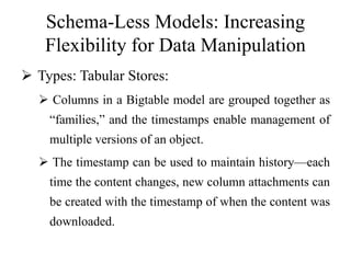 Schema-Less Models: Increasing
Flexibility for Data Manipulation
 Types: Tabular Stores:
 Columns in a Bigtable model are grouped together as
“families,” and the timestamps enable management of
multiple versions of an object.
 The timestamp can be used to maintain history—each
time the content changes, new column attachments can
be created with the timestamp of when the content was
downloaded.
 