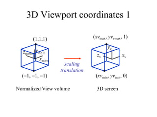 3D Viewport coordinates 1
znorm
xnorm
ynorm
Normalized View volume
(1,1,1)
(1, 1, 1)
zv xv
yv
3D screen
(xvmin, yvmin, 0)
(xvmax, yvvmax, 1)
scaling
translation
 