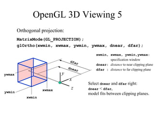 OpenGL 3D Viewing 5
z
x
y
Orthogonal projection:
MatrixMode(GL_PROJECTION);
glOrtho(xwmin, xwmax, ywmin, ywmax, dnear, dfar);
xwmin
xwmax
ywmin
ywmax
xwmin, xwmax, ywmin,ywmax:
specification window
dnear: distance to near clipping plane
dfar : distance to far clipping plane
Select dnear and dfar right:
dnear < dfar,
model fits between clipping planes.
 