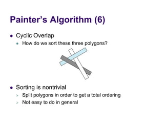 Painter’s Algorithm (6)
 Cyclic Overlap
 How do we sort these three polygons?
 Sorting is nontrivial
 Split polygons in order to get a total ordering
 Not easy to do in general
 