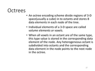 Octrees
• An octree encoding scheme divide regions of 3-D
space(usually a cube) in to octants and stores 8
data elements in each node of the tree.
• Individual elements of a 3-D space are called
volume elements or voxels.
• When all voxels in an octant are of the same type,
this type value is stored in the corresponding data
element of the node. Any heterogeneous octant is
subdivided into octants and the corresponding
data element in the node points to the next node
in the octree.
27
 