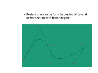 • Bezier curve can be form by piecing of several
Bezier section with lower degree.
38
p0
p1
p2= p’0
p’2
p’3
p’1
 