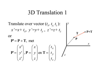 3D Translation 1
Translate over vector (tx, ty, tz ):
x’=x+ tx, y’=y+ ty , z’=z+ tz
or
x
y
P
P+T
T
z



































z
y
x
t
t
t
z
y
x
z
y
x
T
P
P
T
P
P'
en
,
'
'
'
'
met
,
 