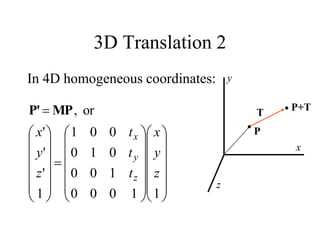 3D Translation 2
In 4D homogeneous coordinates:
x
y
P
P+T
T
z
1
1
0
0
0
1
0
0
0
1
0
0
0
1
1
'
'
'
or
,












































z
y
x
t
t
t
z
y
x
z
y
x
MP
P'
 