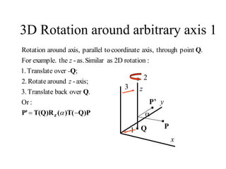 1
3D Rotation around arbitrary axis 1
z
P
x
y
P’
a
Q
2
3
Q)P
)T(
(
T(Q)R
P'
Q
Q
Q
z 
 a
:
Or
.
over
back
Translate
3.
axis;
-
around
Rotate
2.
;
over
Translate
1.
:
rotation
2D
as
Similar
as.
-
the
example.
For
.
point
through
axis,
coordinate
to
parallel
axis,
around
Rotation
z
-
z
 
