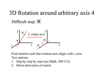 3D Rotation around arbitrary axis 4
z x
y
'
1
P
'
P2
z x
y
2. rotate axis
'
1
P
'
'
P2
Difficult step:
Find rotation such that rotation axis aligns with z-axis.
Two options:
1. Step by step by step (see H&B, 309-312)
2. Direct derivation of matrix
R
 