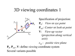 3D viewing coordinates 1
Specification of projection:
P0 : View or eye point
Pref : Center or look-at point
V: View-up vector
(projection along vertical
axis)
zvp : positie view plane
P0
zw
yw
xw
Pref
N
V
P0, Pref , V: define viewing coordinate system
Several variants possible
 