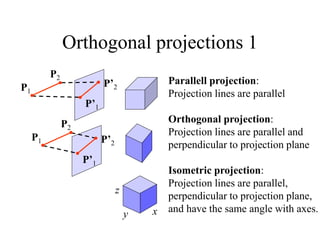 Orthogonal projections 1
P’1
P’2
Parallell projection:
Projection lines are parallel
Orthogonal projection:
Projection lines are parallel and
perpendicular to projection plane
Isometric projection:
Projection lines are parallel,
perpendicular to projection plane,
and have the same angle with axes.
P1
P2
P’1
P’2
P1
P2
x
y
z
 